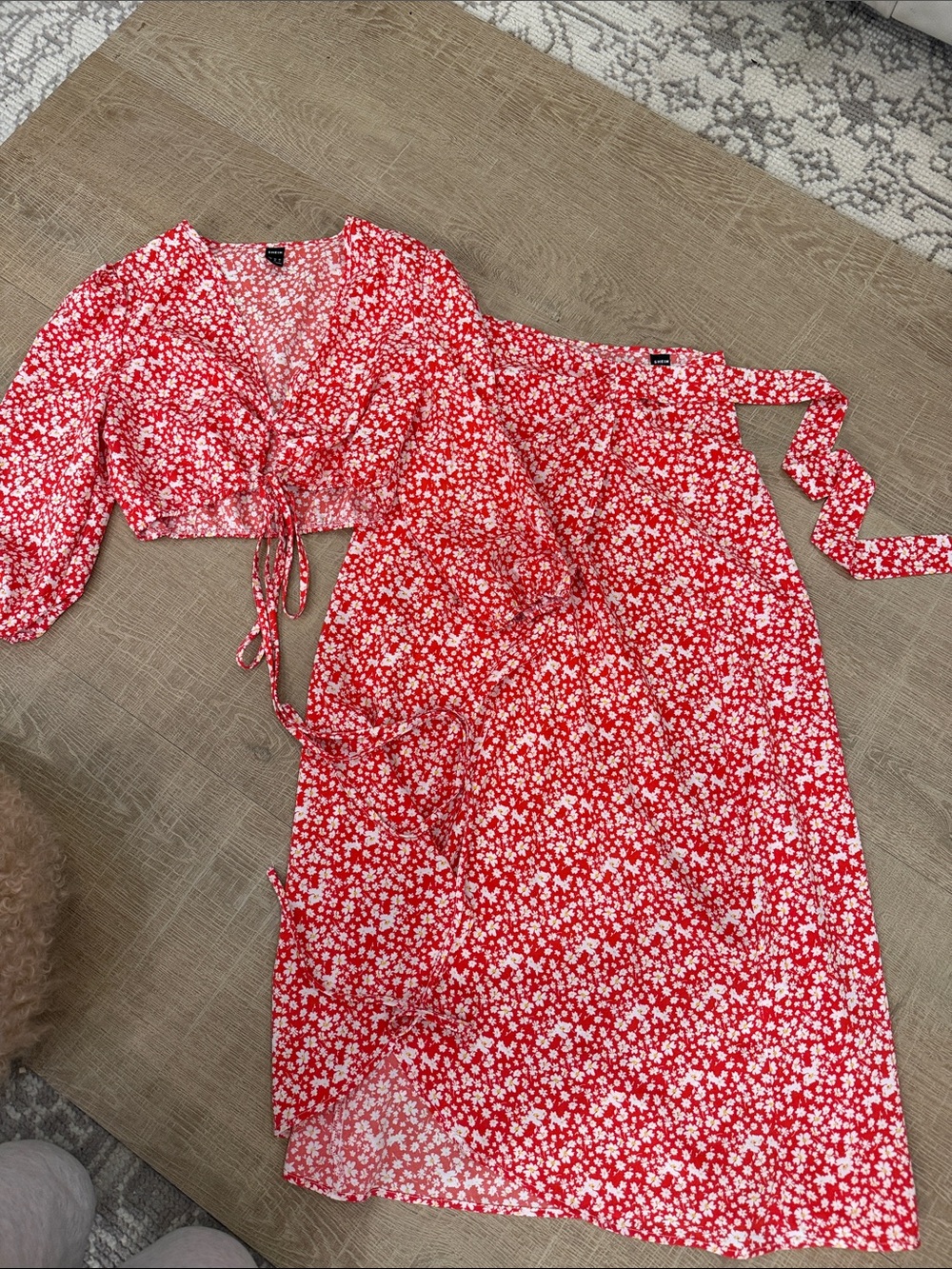SHEIN Red & White Floral Tie-Front Crop Top and Midi Skirt Set